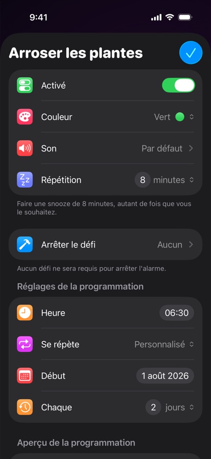 Modification d'une alarme récurrente personnalisée