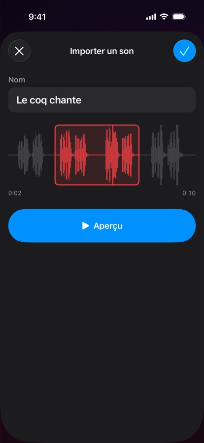 Importation et découpe d'un son d'alarme personnel