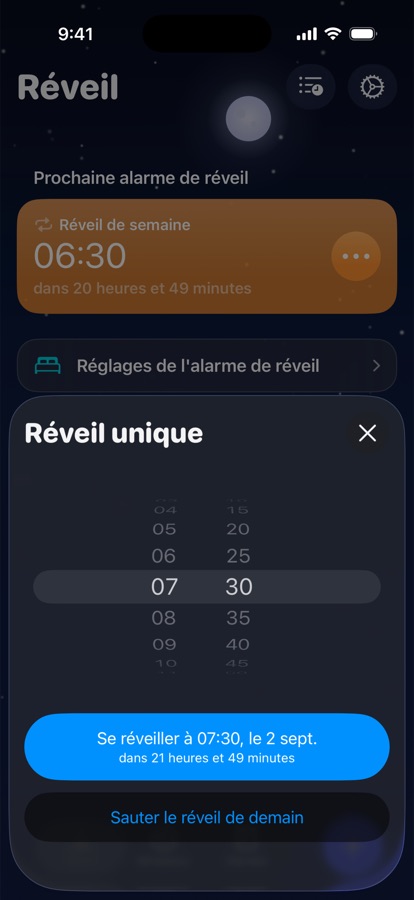 Réglage d'un réveil unique pour demain, ou choix de le sauter