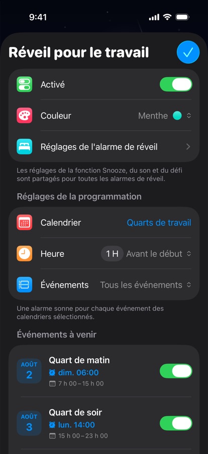 Un réveil basé sur le calendrier pour le travail par quarts