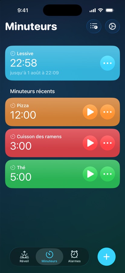 L'onglet Minuteries, avec une minuterie en cours et les plus récentes