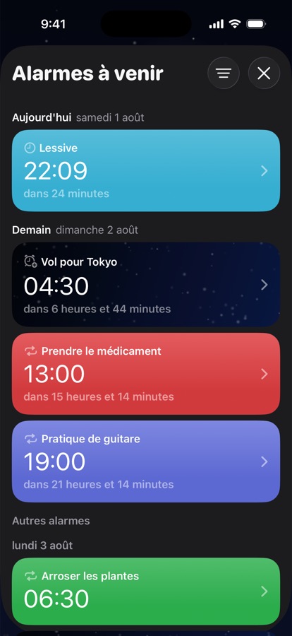Alarmes à venir regroupées par jour