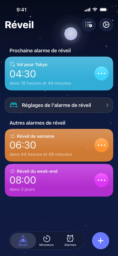 L'onglet Réveil, avec le prochain réveil et les autres réveils