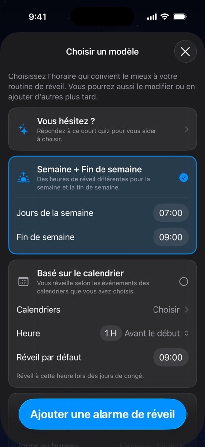 Choix d'un modèle d'horaire de réveil