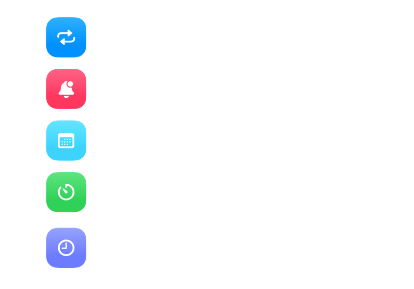 Types d'alarme : récurrente, manuelle, calendrier, minuterie et compte à rebours