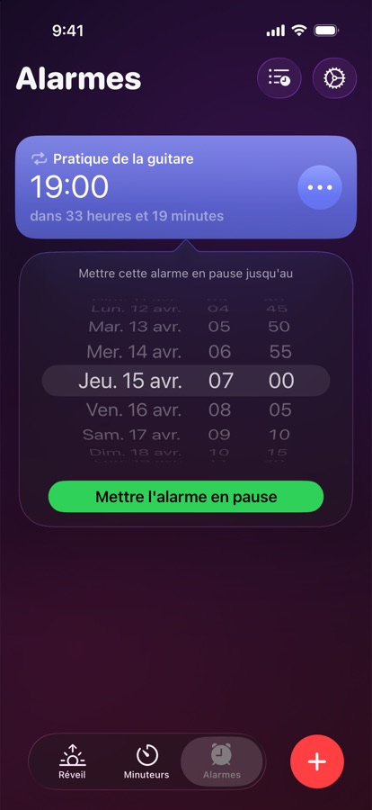 Mise en pause d'une alarme jusqu'à une date et une heure choisies