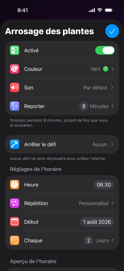 Modification d'une alarme récurrente personnalisée