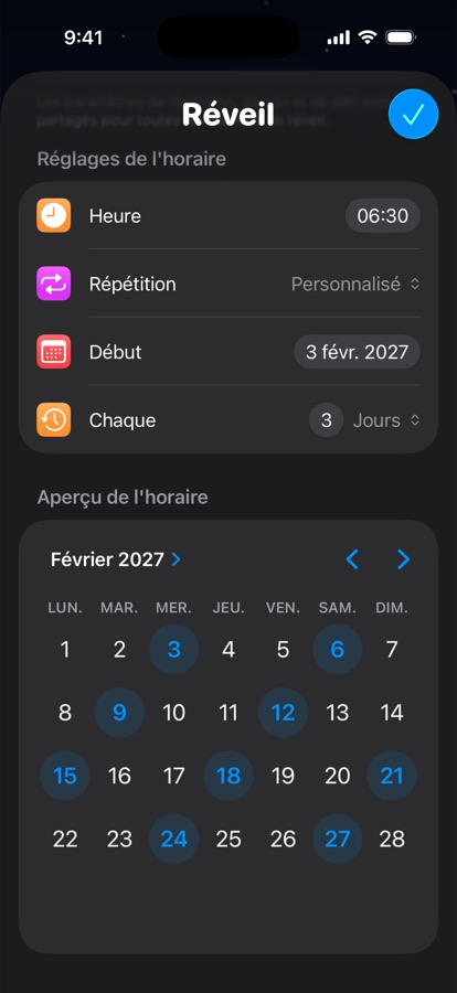 Un horaire de réveil personnalisé qui se répète tous les trois jours, avec aperçu du calendrier