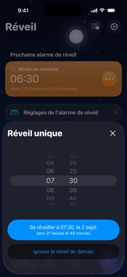 Réglage d'un réveil unique pour demain, ou choix de l'ignorer