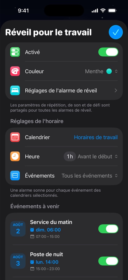 Un réveil basé sur le calendrier pour le travail posté