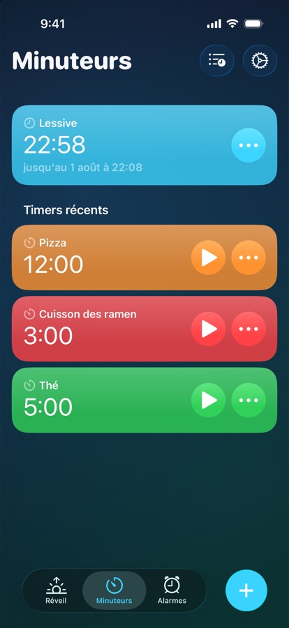 L'onglet Minuteurs, avec un minuteur en cours et les plus récents