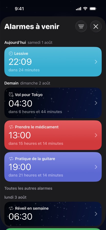 Alarmes à venir regroupées par jour
