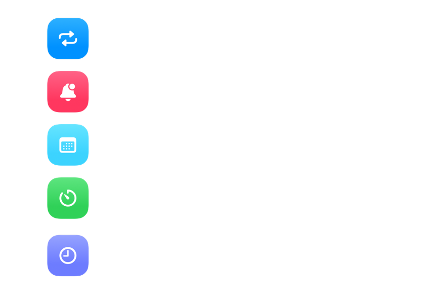Types d'alarme : récurrente, manuelle, calendrier, minuteur et compte à rebours