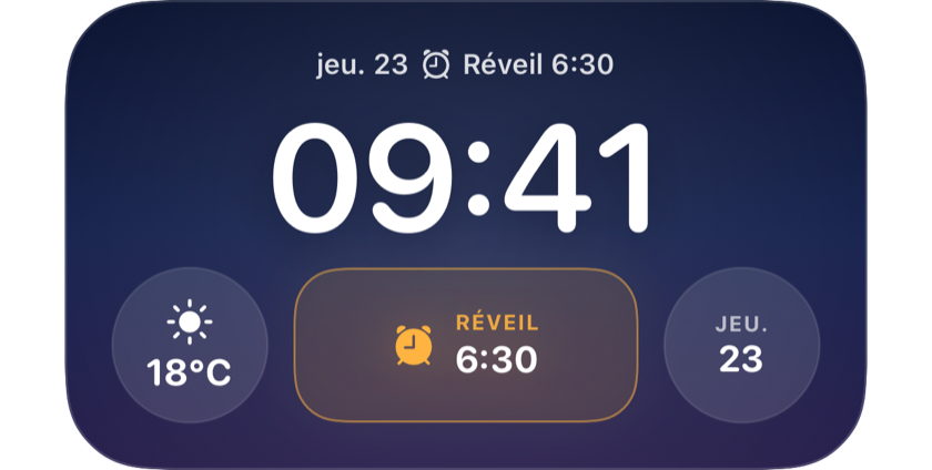 Un écran de verrouillage affichant le prochain réveil à 06:30 dans un widget