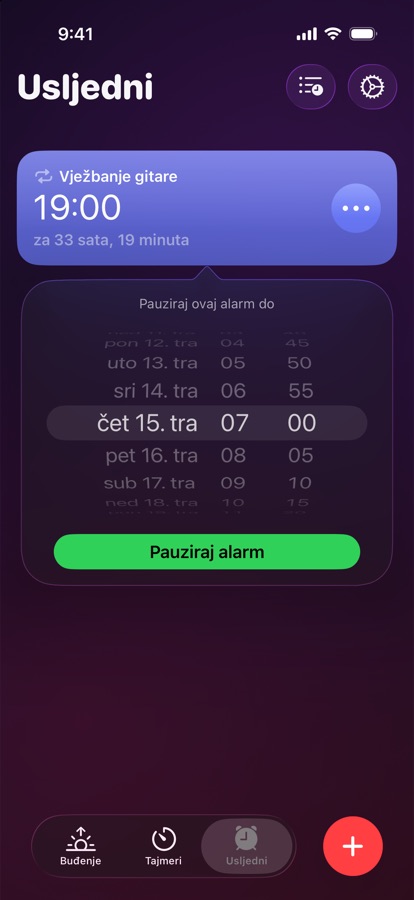 Pauziranje alarma do odabranog datuma i vremena
