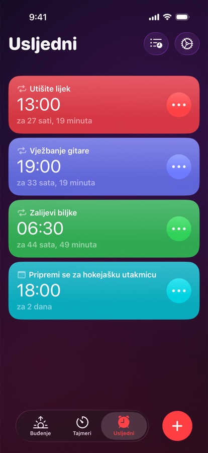 Kartica Alarmi, popis ponavljajućih i jednokratnih alarma