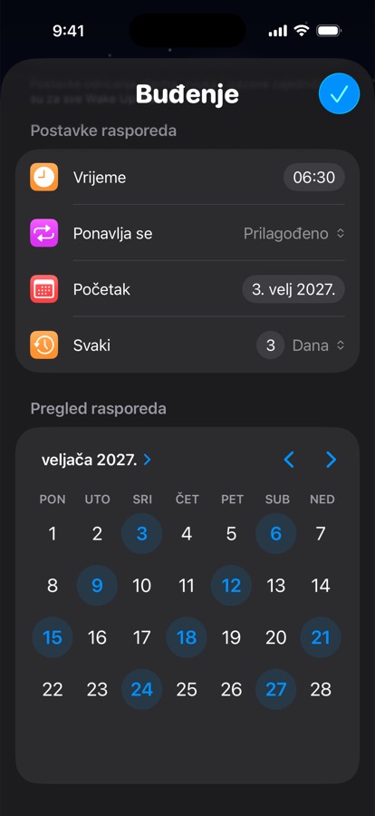 Vlastiti raspored buđenja koji se ponavlja svaka tri dana, s pregledom kalendara
