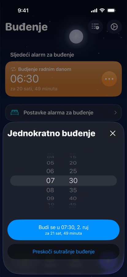 Postavljanje jednokratnog buđenja za sutra ili njegovo preskakanje