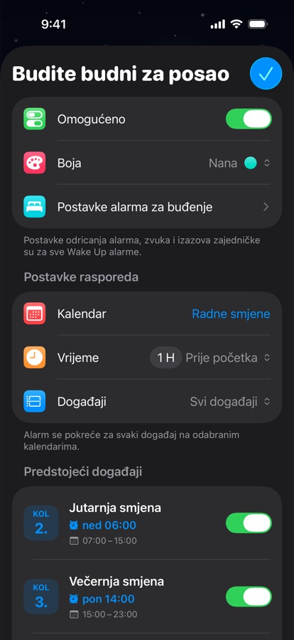 Alarm za buđenje temeljen na kalendaru za rad u smjenama