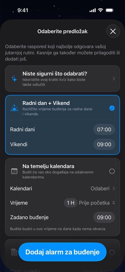 Odabir predloška rasporeda buđenja
