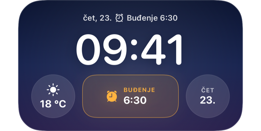 Zaključani zaslon koji u widgetu prikazuje sljedeće buđenje u 6:30
