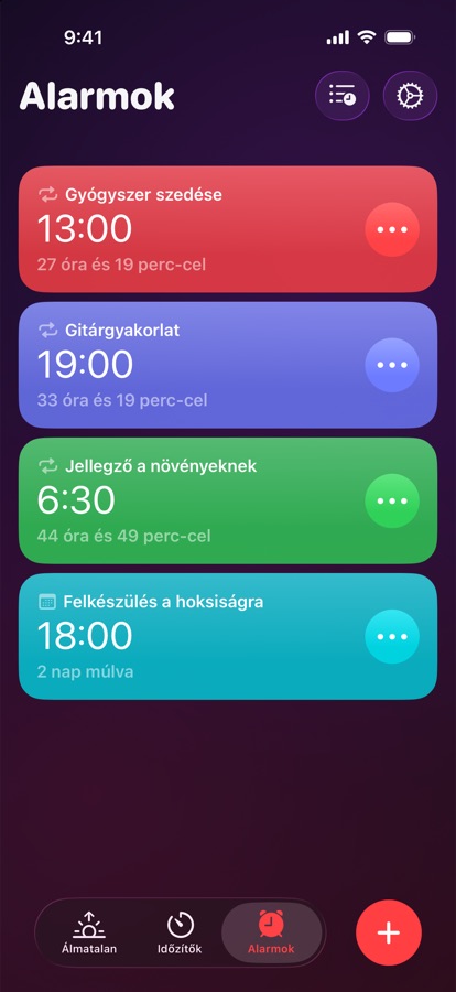 Az Ébresztők lap, ismétlődő és egyszeri ébresztők listája