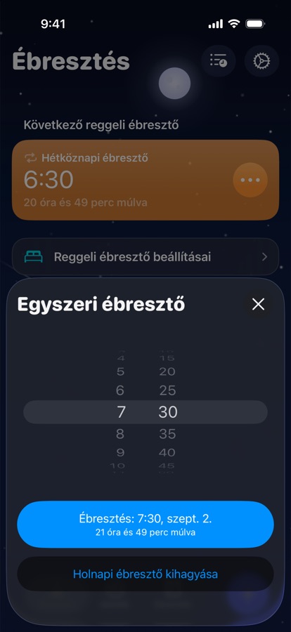 Egyszeri ébresztő beállítása holnapra vagy a holnapi ébresztő kihagyása