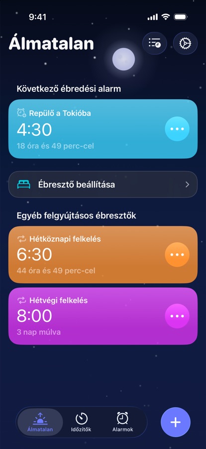 Az Ébredés lap a következő ébresztővel és a többi ébresztővel