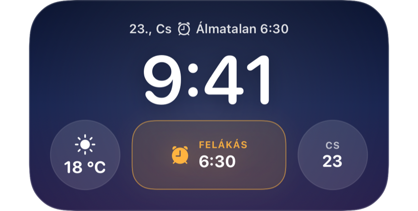 Zárolt képernyő, amely widgetben mutatja a következő ébredést 6:30-kor
