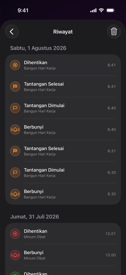 Riwayat alarm dari bangun sebelumnya