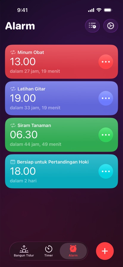 Tab Alarm, daftar alarm berulang dan sekali pakai
