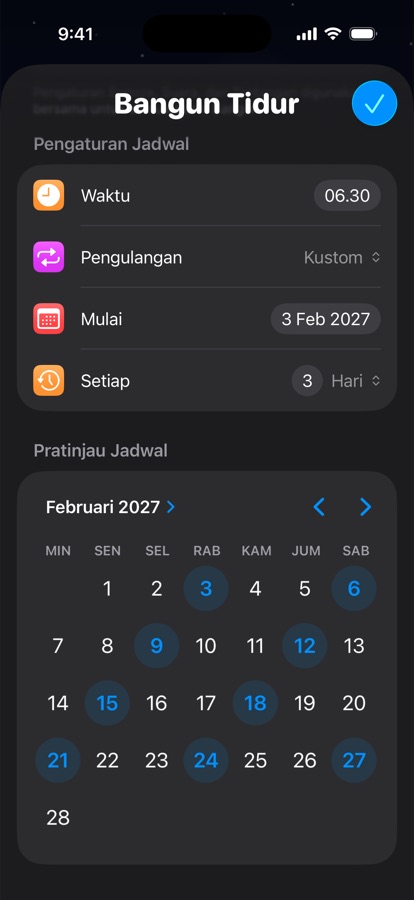 Jadwal bangun sendiri yang berulang setiap tiga hari, dengan pratinjau kalender