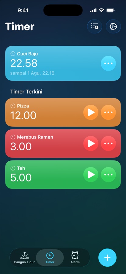 Tab Timer, dengan timer yang berjalan dan timer terbaru