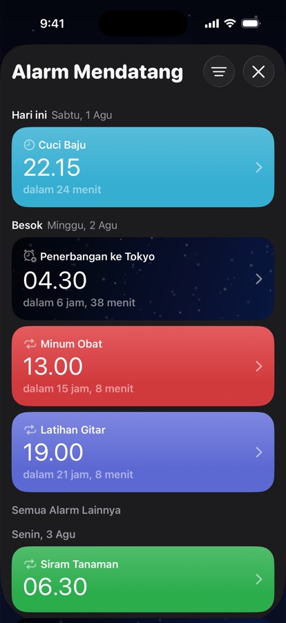 Alarm mendatang dikelompokkan per hari