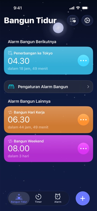 Tab Bangun, menampilkan alarm bangun berikutnya dan alarm bangun lainnya