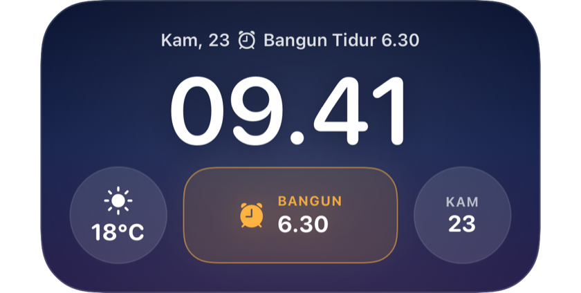 Layar Terkunci yang menampilkan bangun berikutnya pukul 06.30 di widget