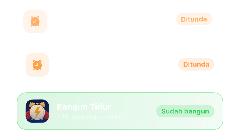 Dua alarm yang ditunda bertumpuk, lalu satu yang dimatikan sepenuhnya setelah menyelesaikan tantangan