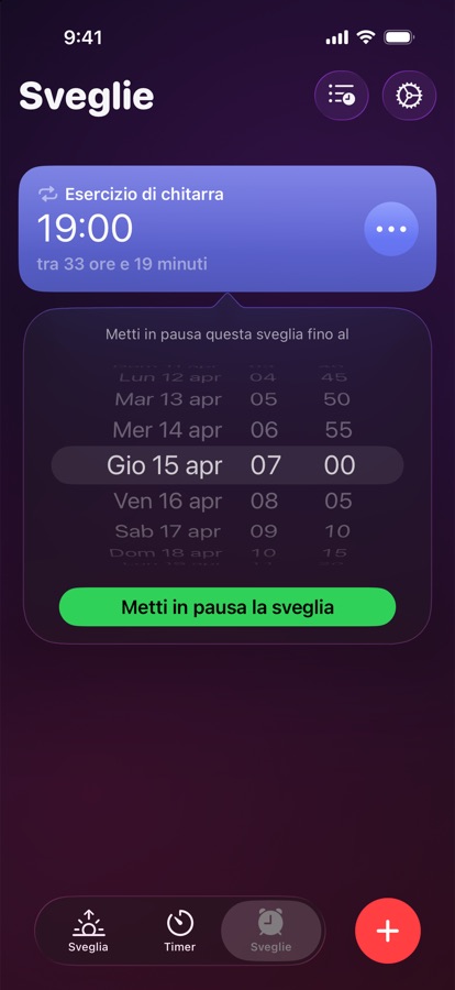 Messa in pausa di una sveglia fino a una data e a un orario scelti