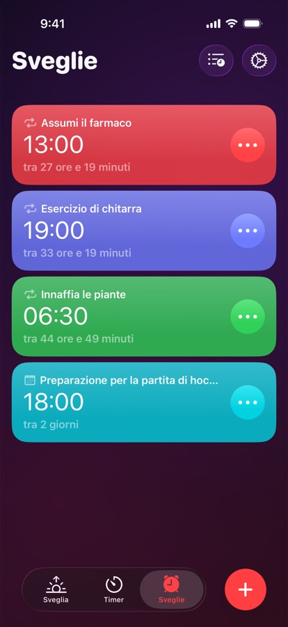 La scheda Sveglie, un elenco di sveglie ricorrenti e singole