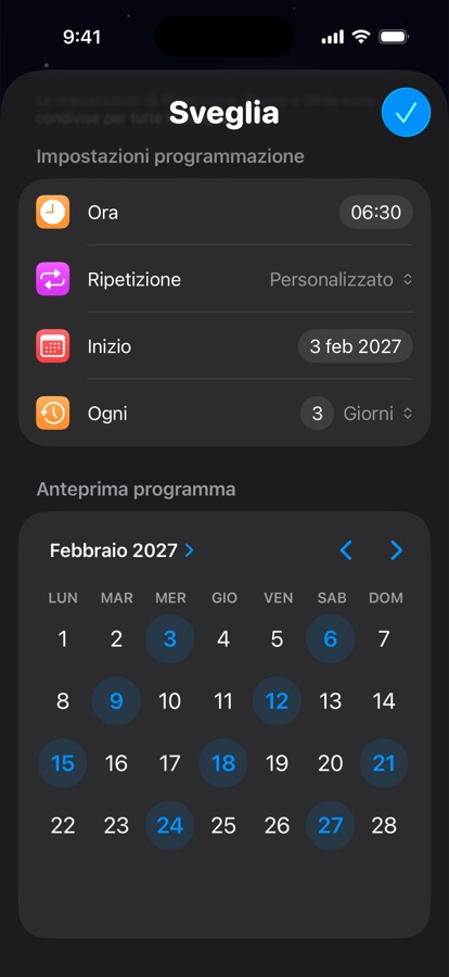 Un orario di sveglia personalizzato che si ripete ogni tre giorni, con anteprima del calendario