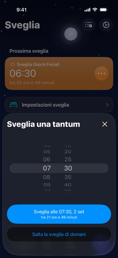 Impostazione di una sveglia una tantum per domani, o la scelta di saltarla