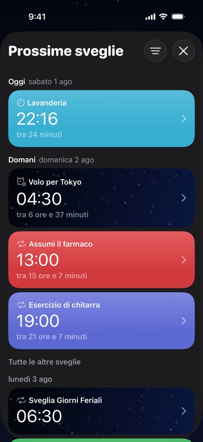 Sveglie in arrivo raggruppate per giorno
