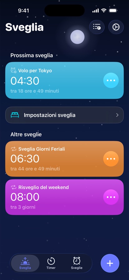 La scheda Sveglia, con la prossima sveglia e le altre sveglie