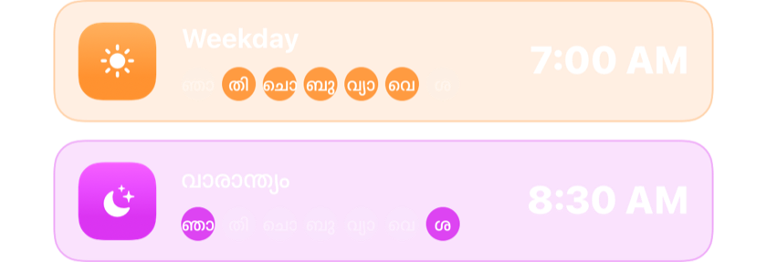പ്രവൃത്തിദിവസങ്ങളിൽ രാവിലെ 7:00നും വാരാന്ത്യത്തിൽ രാവിലെ 8:30നും ഉള്ള അലാറങ്ങൾ, ഓരോന്നും അതതു ദിവസങ്ങളിൽ