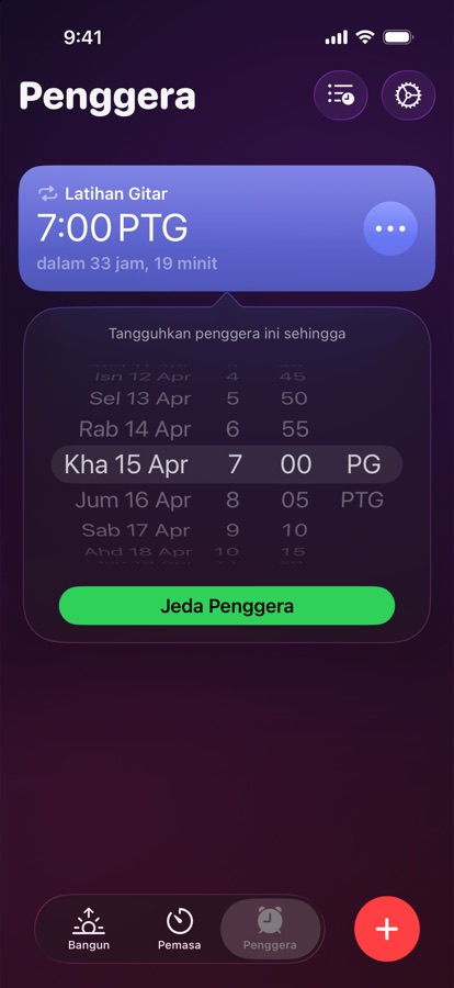 Menjeda penggera sehingga tarikh dan masa yang dipilih