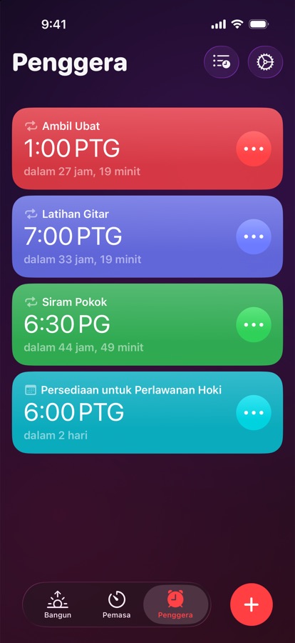 Tab Penggera, senarai penggera berulang dan sekali sahaja