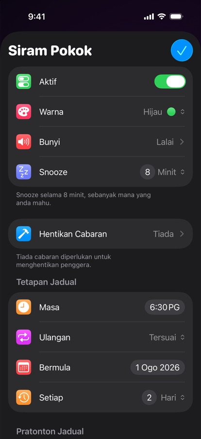 Mengedit penggera berulang tersuai
