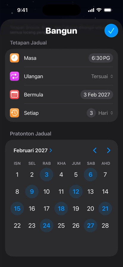 Jadual bangun sendiri yang berulang setiap tiga hari, dengan pratonton kalendar
