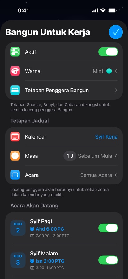 Penggera bangun berasaskan kalendar untuk kerja syif