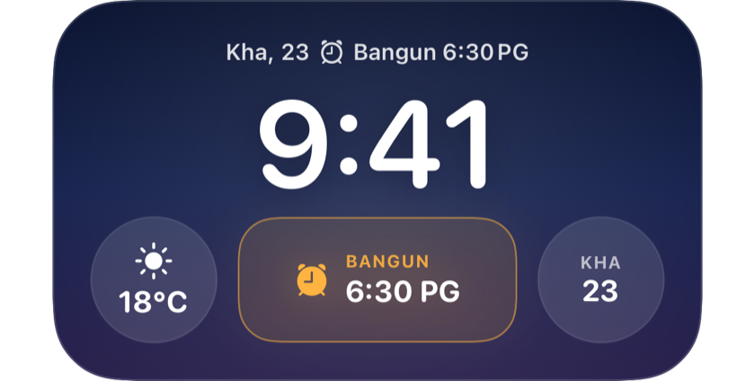 Skrin Kunci yang memaparkan waktu bangun seterusnya pada 6:30 pagi dalam widget